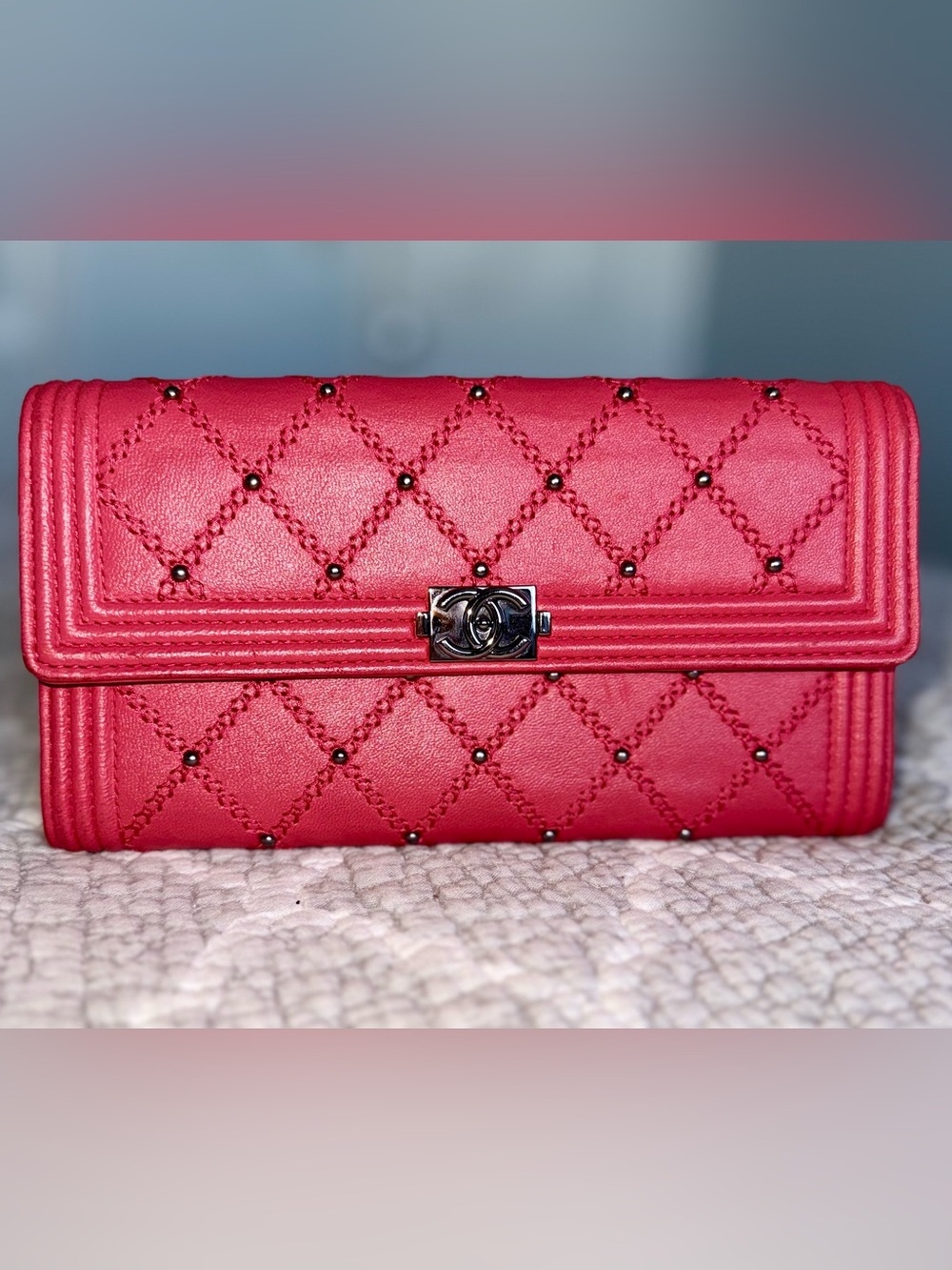 CHANEL Boy Studded Long Flap Wallet Reddish-Pink Lambskin (Excellent Condition)